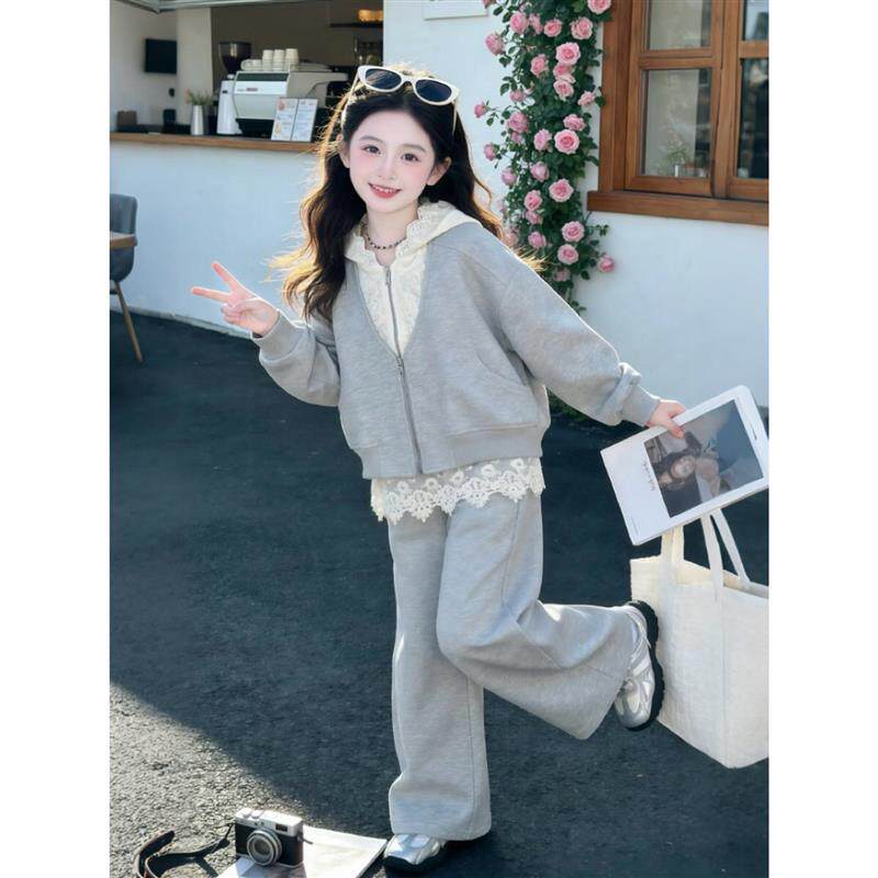 女童运动套装2026新款春装儿童拼接开衫厚棉T外套阔腿裤休闲两件