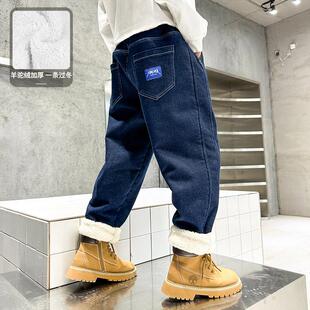 男童加绒裤子羊羔绒秋冬大儿童一体绒牛仔裤2024新款冬季加厚棉裤