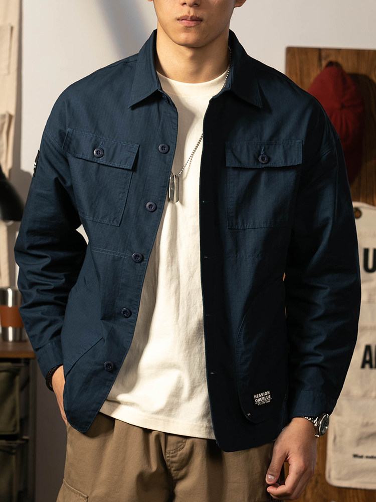 秋季藏蓝色工装外套男2025年春秋新款宽松单层休闲衬衫纯棉薄夹克,男装,夹克,淘宝优惠券,粉丝福利购,淘宝优惠卷