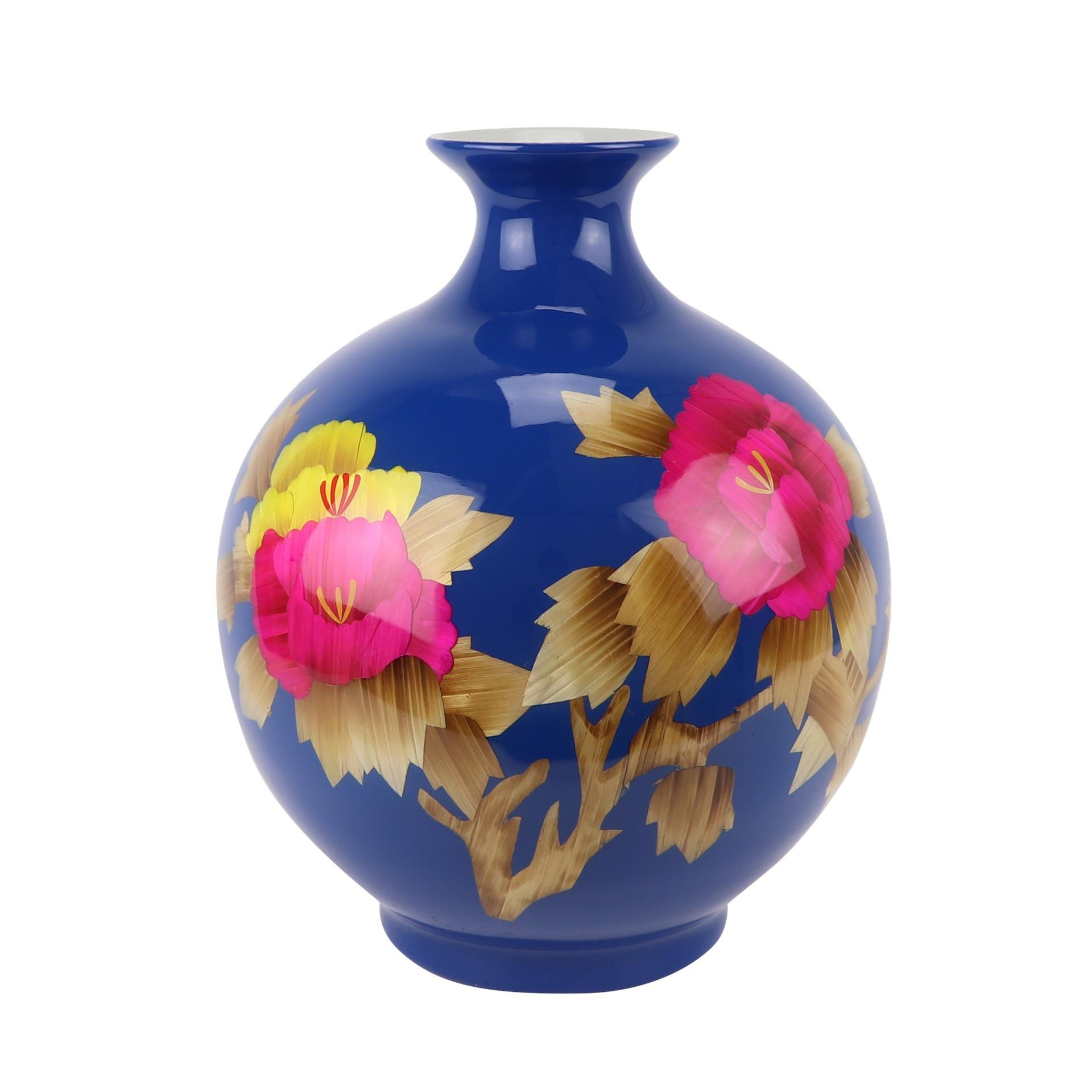 景德镇陶瓷颜色釉花瓶牡丹麦秆画花瓶家居客厅插花石榴瓶摆件