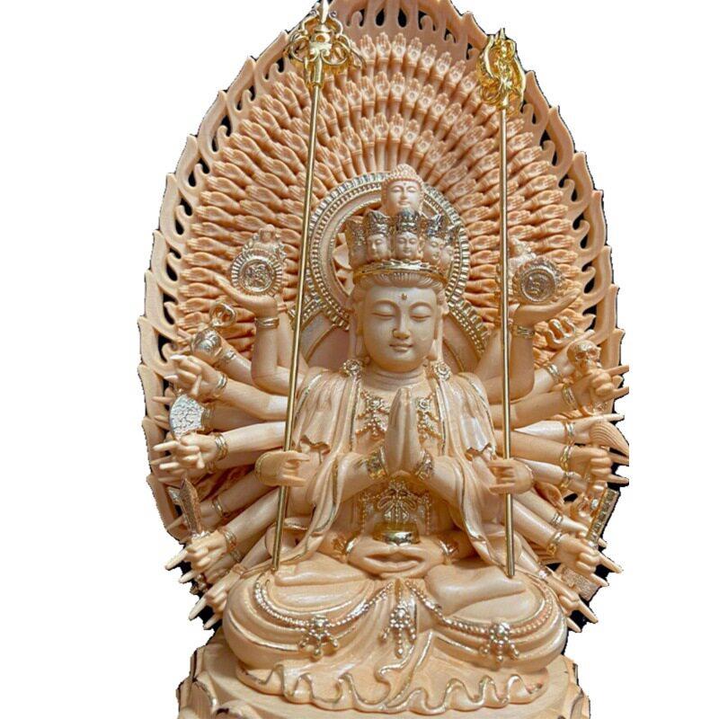 精雕桧木雕刻描金千手观音菩萨神像家居实木生肖鼠守护神工艺品
