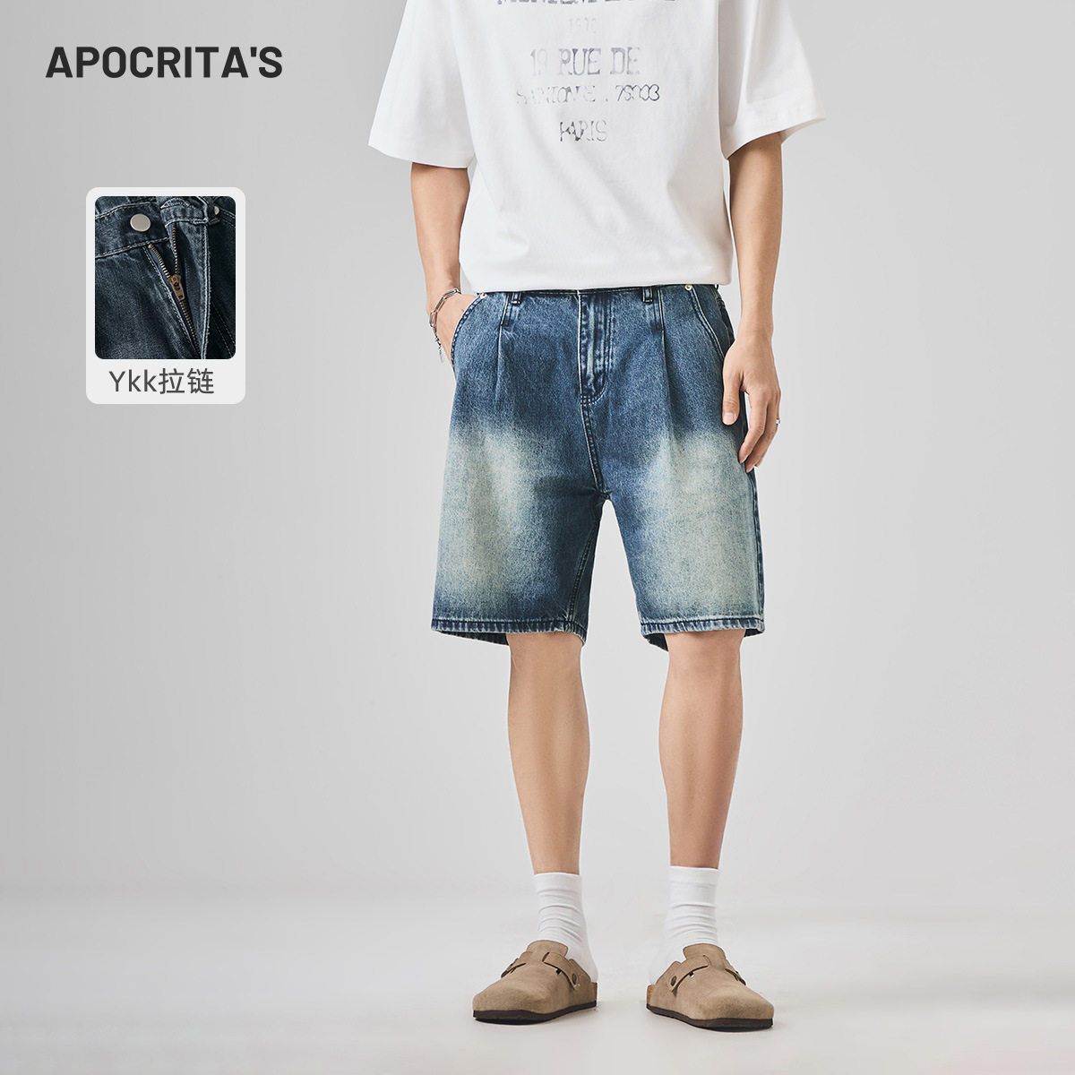 APO男装|新款牛仔短裤男夏季潮牌痞帅美式高街水洗复古宽松五分裤
