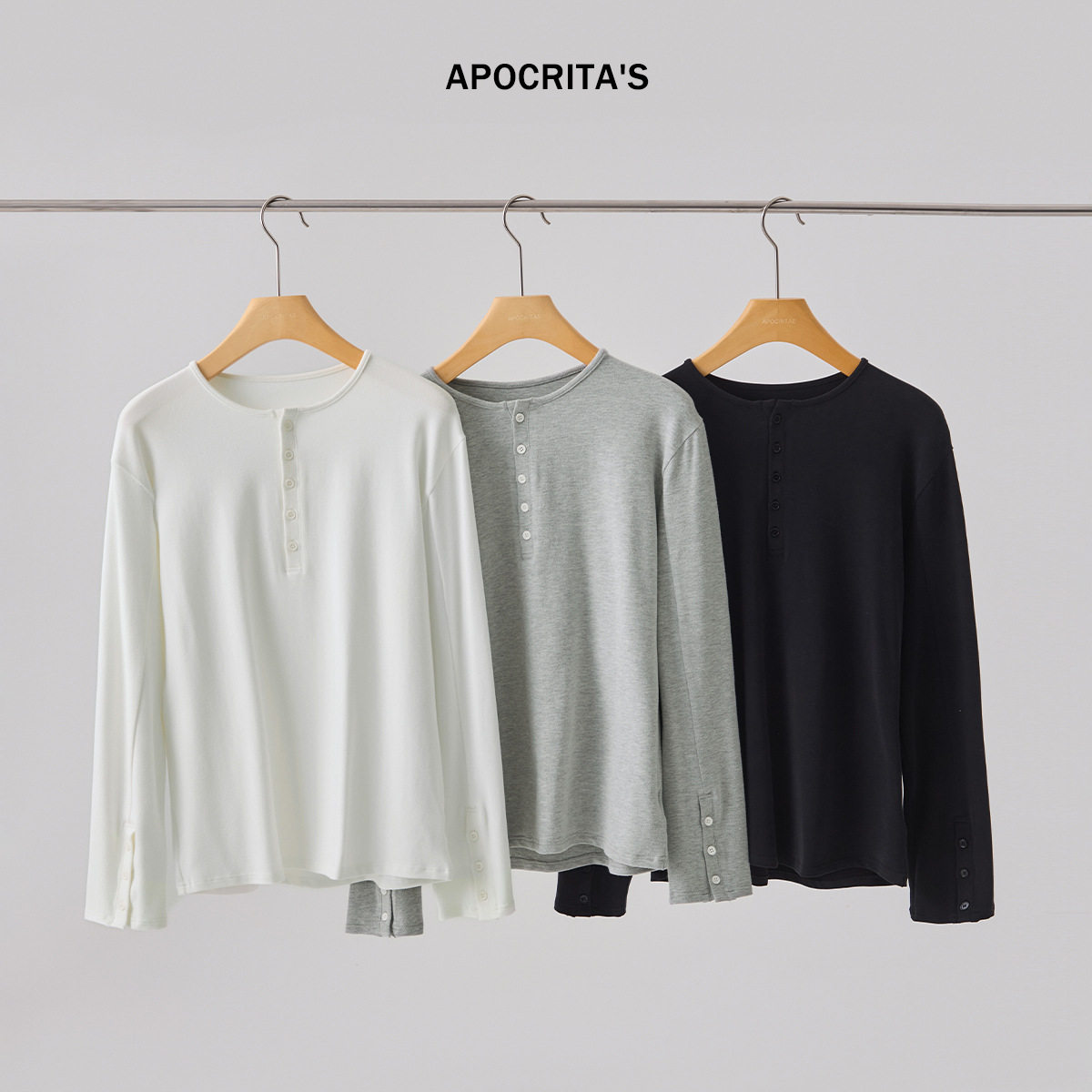 APO男装 |新款男士长袖T恤秋季修身亨利领纯色休闲内搭上衣打底衫