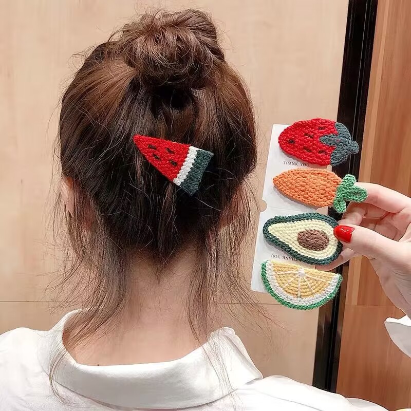 韩国秋冬新款毛线编织头饰发夹少女网红水果女卡通侧边小夹子发饰