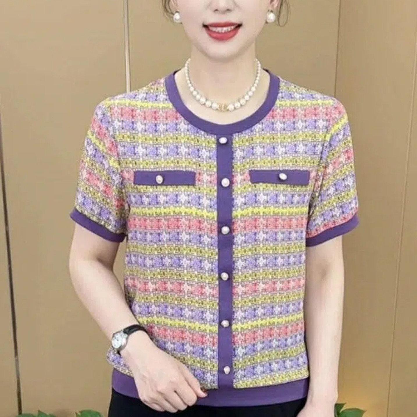 夏季撞色洋气条纹中年妈妈装短袖t恤休闲薄款中老年女装宽松小衫