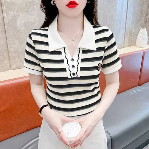 条纹翻领Polo衫短袖t恤女