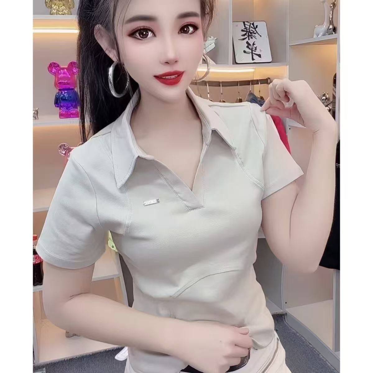 2026夏修身显瘦polo领纯色衬衫修身显瘦收腰短袖甜辣妹设计感上衣