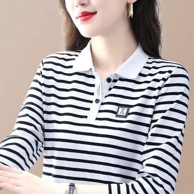 95%棉黑白条纹长袖t恤女纯棉翻领春秋新款中年妈妈polo上衣打底衫