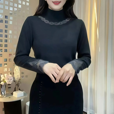 双面德绒半高领蕾丝袖长袖T恤女