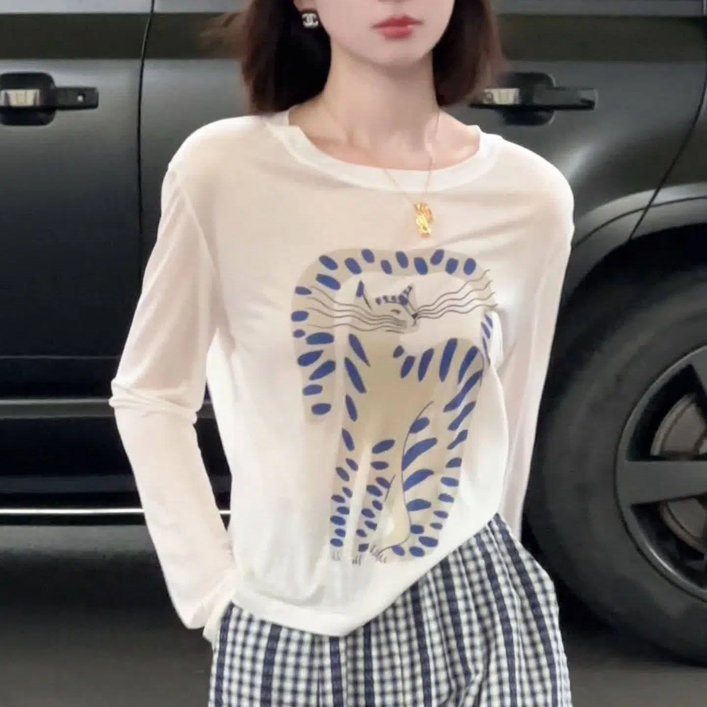 长尾猫印花薄款长袖T恤女2026夏季新款减龄休闲百搭套头防晒衫ins,女装/女士精品,T恤,淘宝优惠券,粉丝福利购,淘宝优惠卷