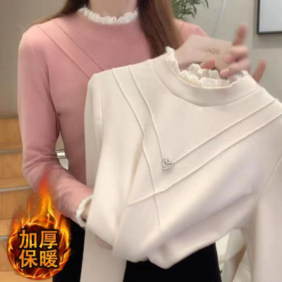半高领双面德绒保暖加绒加厚打底衫女春秋冬内搭长袖T恤蕾丝上衣
