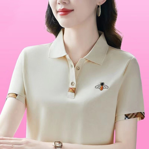 洋气短袖t恤夏女宽松显瘦上衣翻领大码小蜜蜂刺绣时尚妈妈polo衫