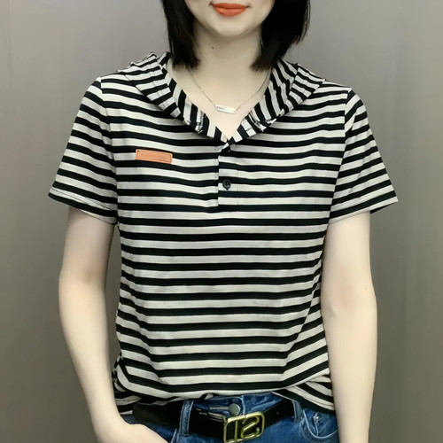 2026夏季复古条纹连帽女T恤上衣