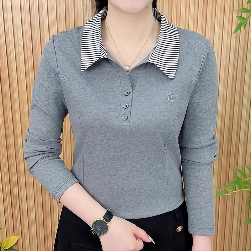 气质长袖T恤条纹撞色翻领上衣春秋新款妈妈装时尚显瘦百搭小衫女,女装/女士精品,T恤,淘宝优惠券,粉丝福利购,淘宝优惠卷