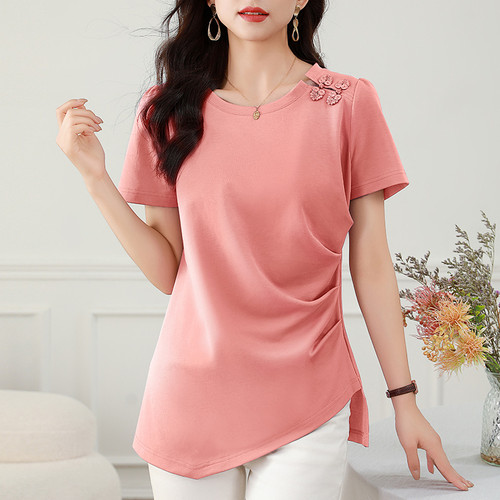 短袖t恤女夏季2025新款国风盘扣设计不规则宽松大码女装半袖上衣
