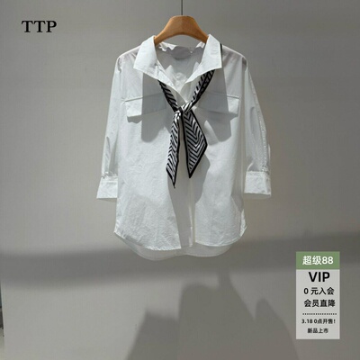 春款长袖翻领丝巾装饰衬衫
