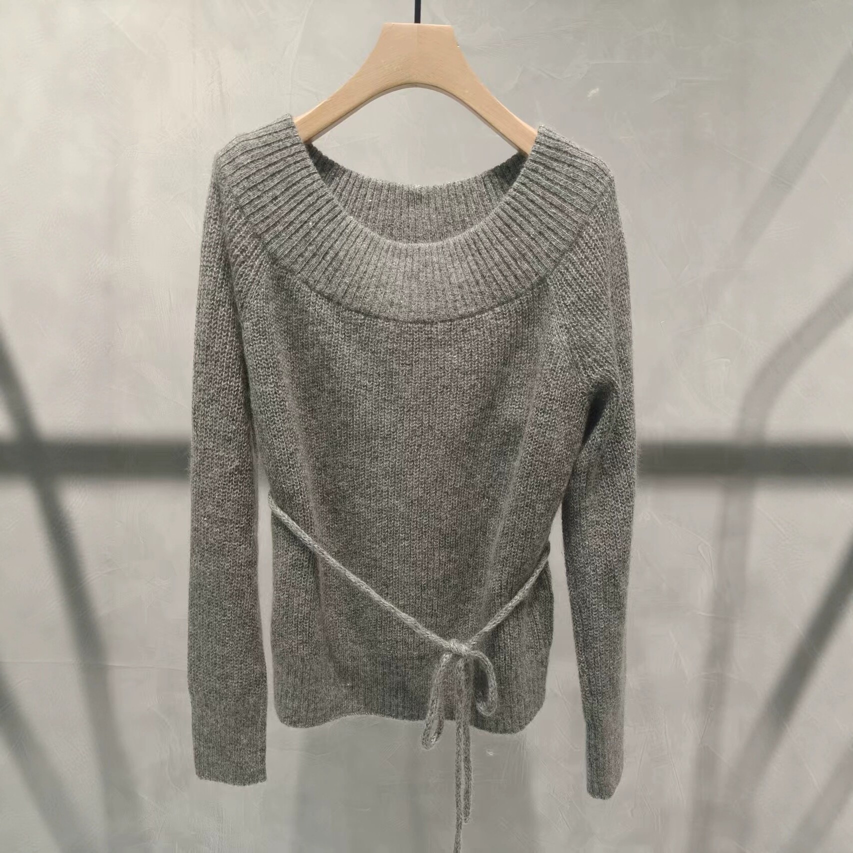 灰色绑带收腰针织衫毛衣上衣女