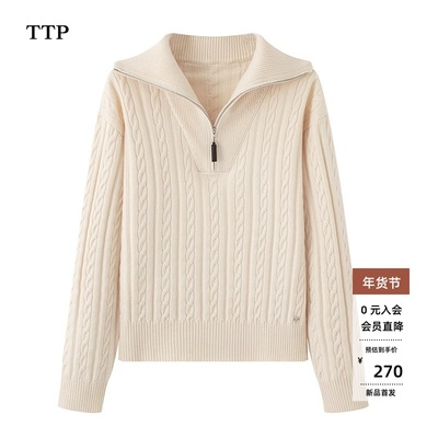 半拉链翻领针织衫女宽松休闲上衣