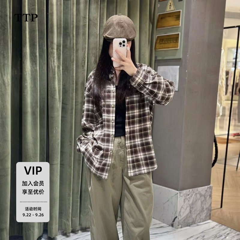 丰厚绒感复古棕调格纹宽松衬衫
