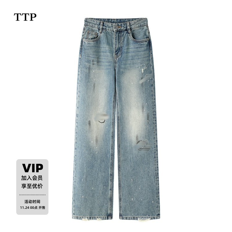 新品脏污喷墨做旧棉质牛仔裤