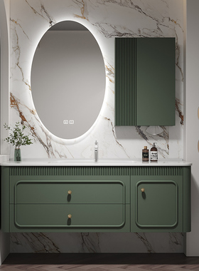 2025新款墨绿色浴室柜陶瓷一体盆法式化妆室洗脸盆组合洗手台橡木
