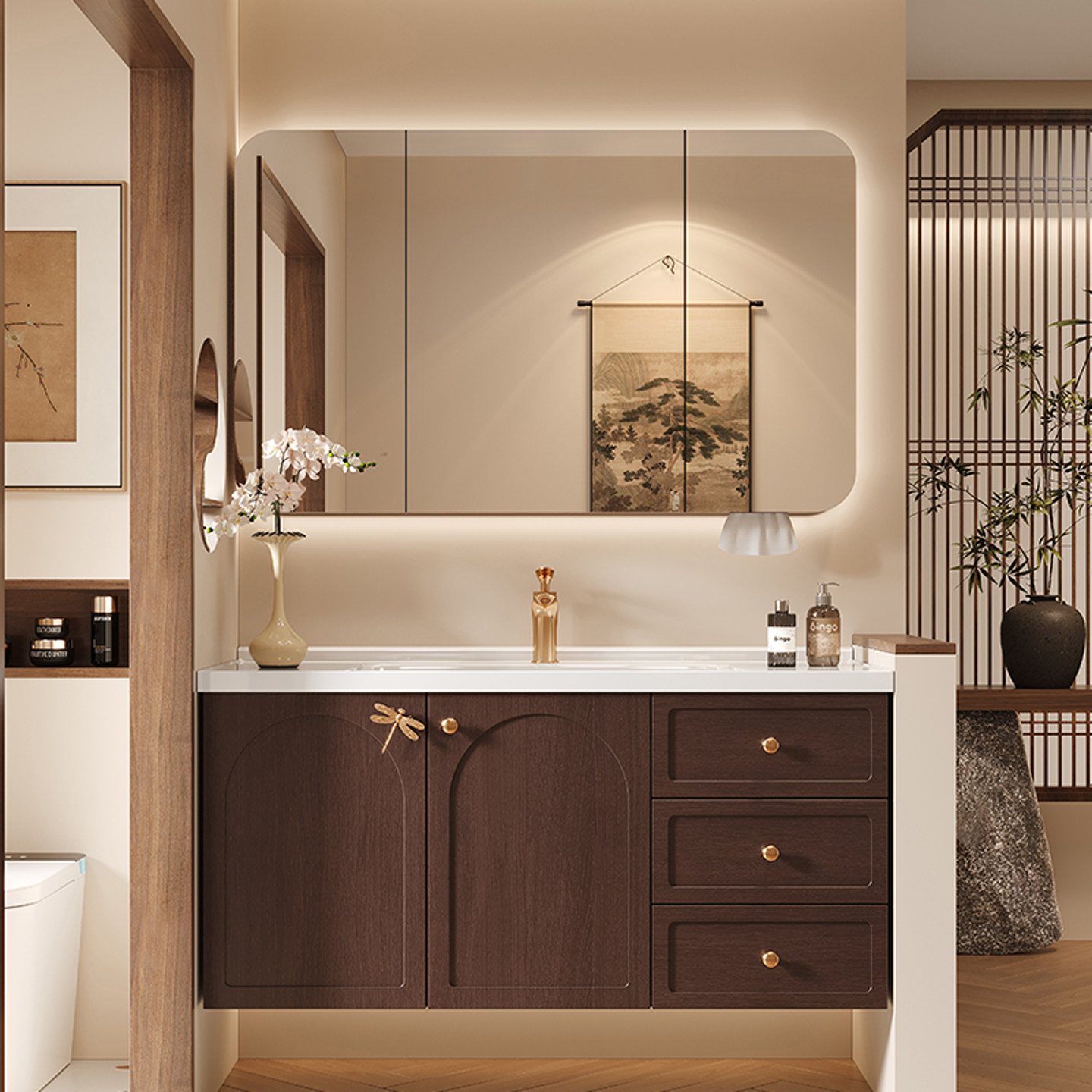 2026新款中古风美妆镜柜浴室柜组合陶瓷一体盆洗手台胡桃色洗脸盆