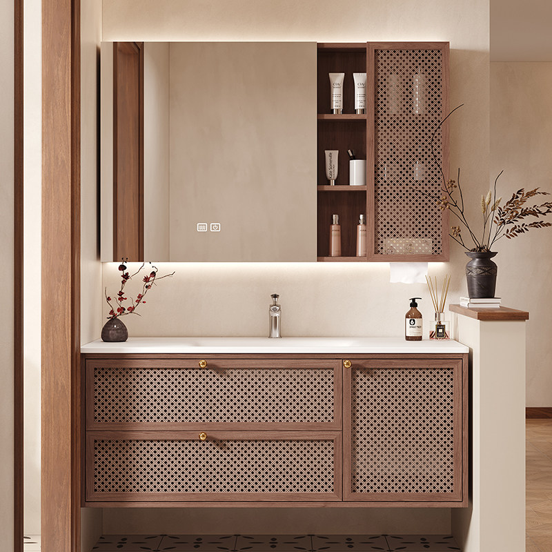 梦贝德2025新款中古风浴室柜组合卫生间岩板热弯一体洗手洗脸盆柜