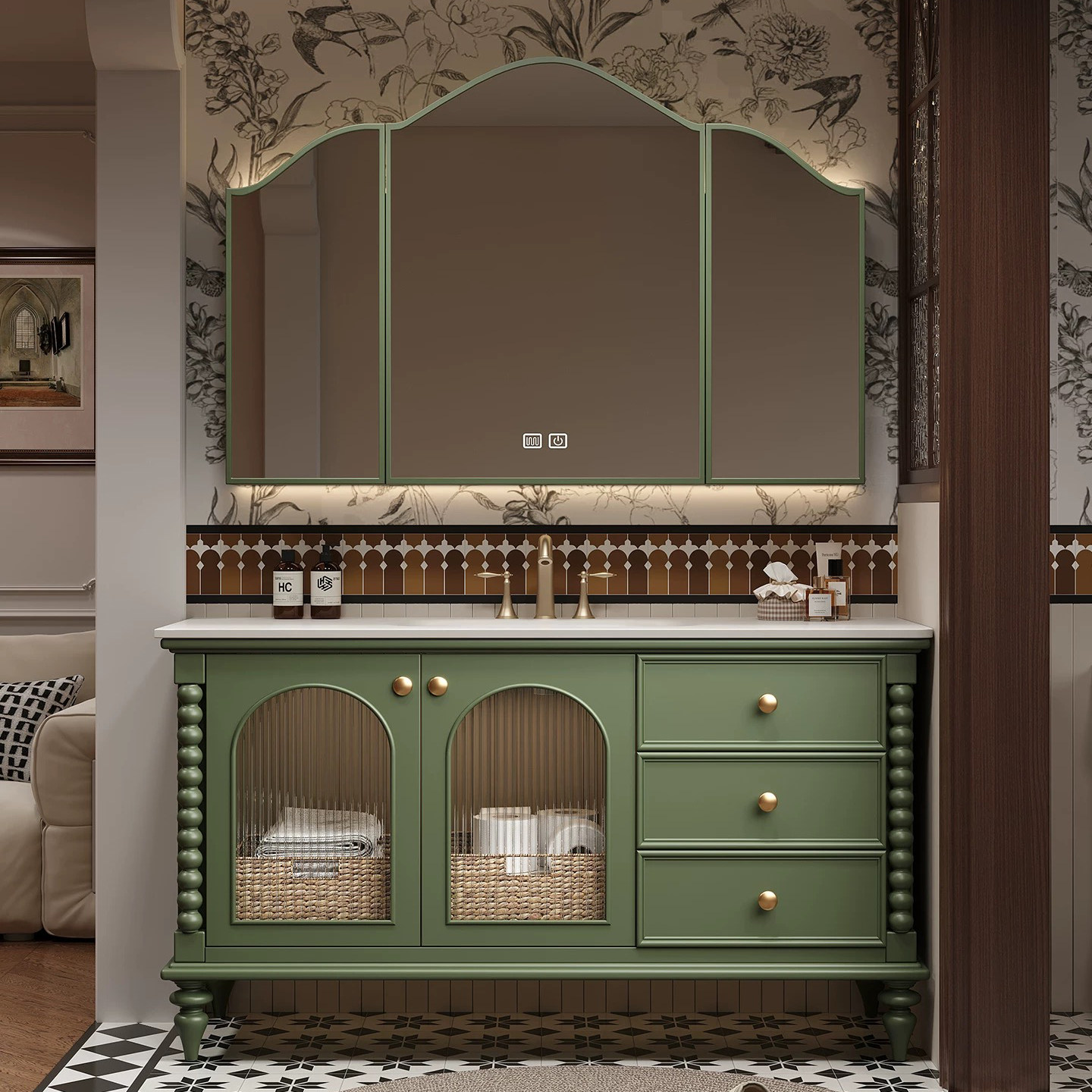 法式复古绿落地浴室柜组合陶瓷一体盆卫生间洗手台洗脸盆2026新款