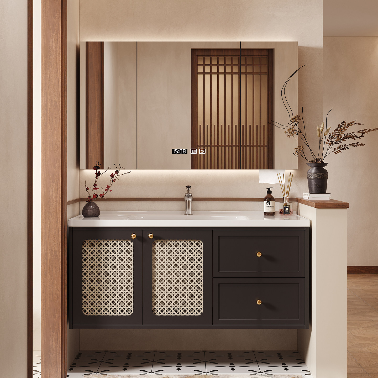 中古风浴室柜陶瓷一体盆洗手台智能镜柜藤编柜门卫生间洗漱台定制