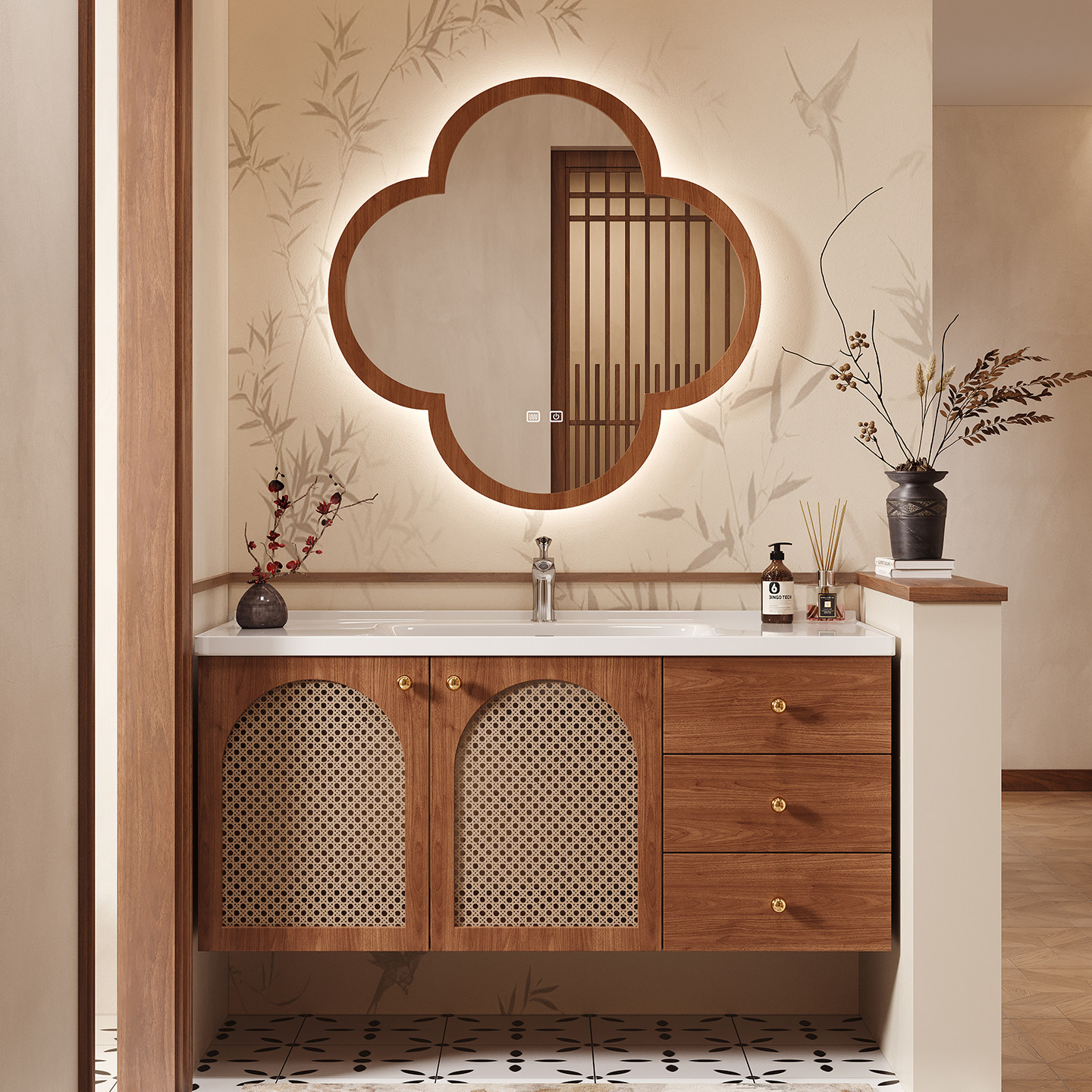 2026新款藤编中古风浴室柜陶瓷一体盆橡木洗手盆组合法式洗漱台