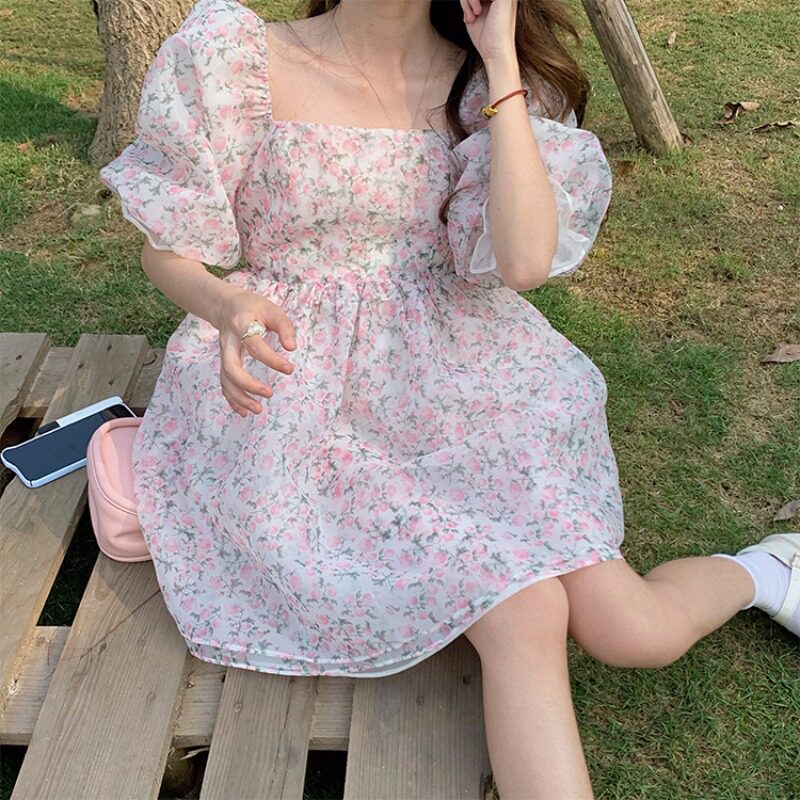在逃公主泡泡袖法式连衣裙仙女欧根纱碎花短裙夏甜美少女风蓬蓬裙