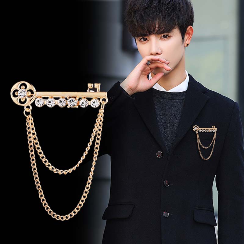Korean New Fashion Metal Key Tassel Long Brooch Rhinestone C
