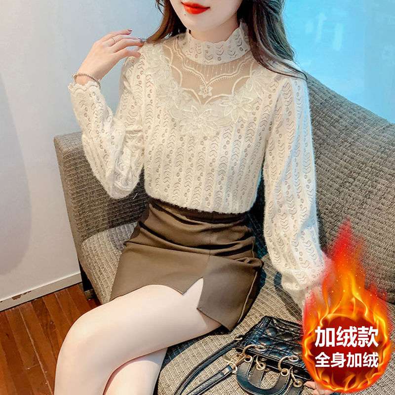 秋冬打底内搭加绒加厚新款衬衫女蕾丝衫洋气时尚休闲显瘦百0929kz