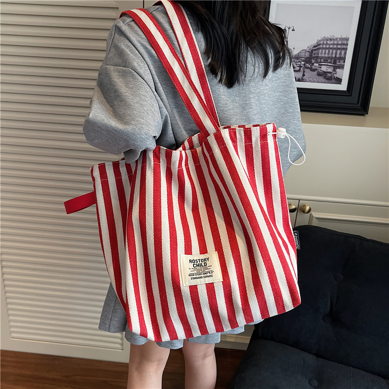 条纹尼龙包包女大容量大学生上课手提袋百搭单肩通勤托特包购物袋