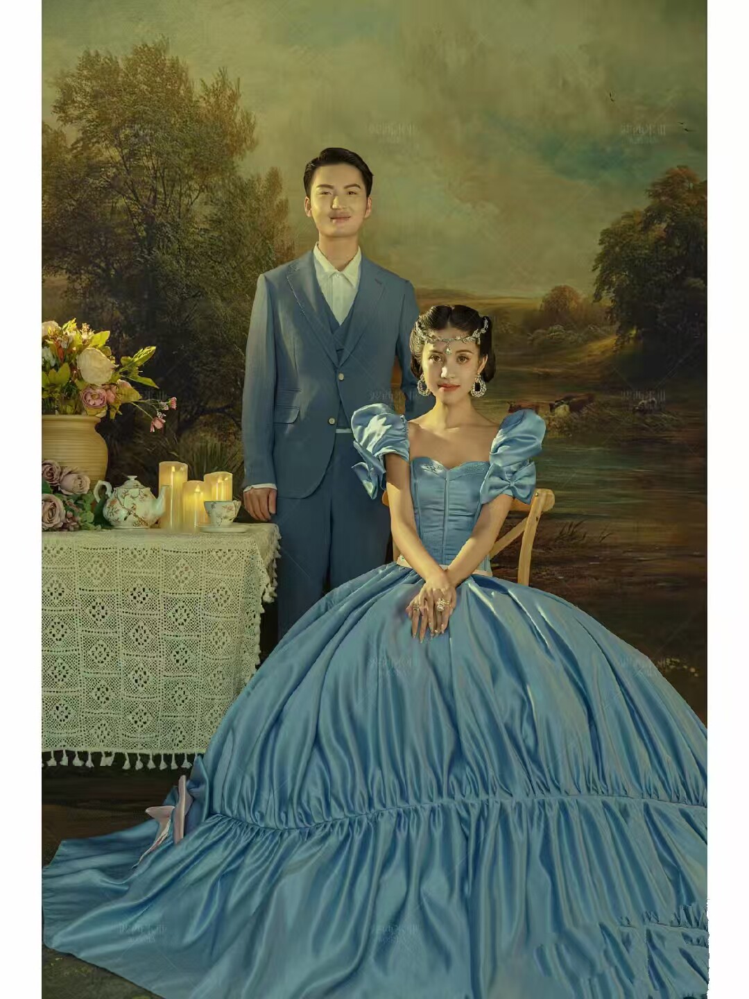影楼拍照主题服装复古田园风外景礼服摄影日系拍照蓝婚纱写真礼服