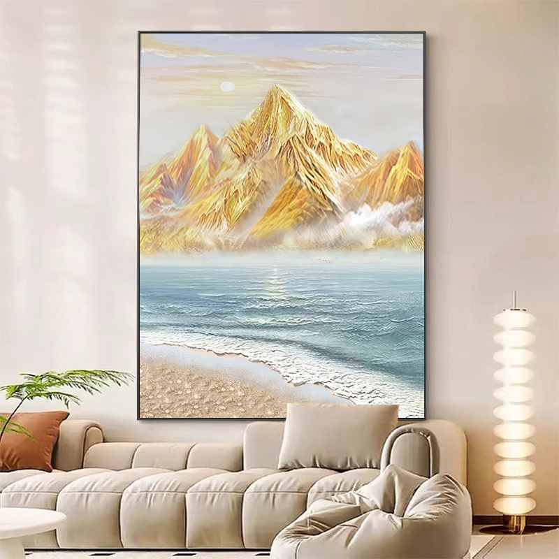 2024新款奶油风肌理画风景沙滩日出玄关装饰画金山客厅落地挂画