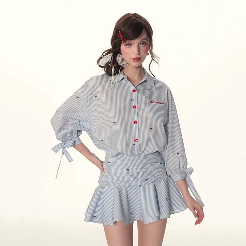 h2an1 studio春季学院风穿搭条纹衬衫连衣裙2025新款女衬衫裙短裙