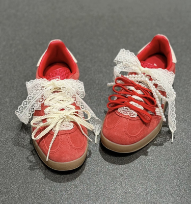 白色镂空蕾丝鞋带适配阿迪红色samba德训鞋珍珠蝴蝶结diy配饰鞋绳