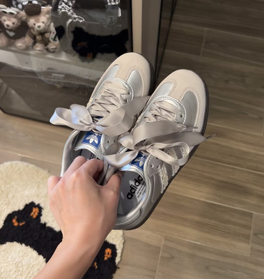 适配低帮samba芭蕾风ins德训鞋丝带鞋绳系带板鞋男女银灰丝绸鞋带