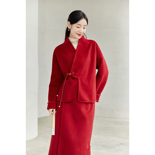 山有色冬季新中式盘扣上衣女高端优雅红色针织双面呢外套半裙套装