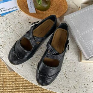 交叉扣带镂空平底浅口单鞋 法式 新款 女圆头2026春季 复古风玛丽珍鞋