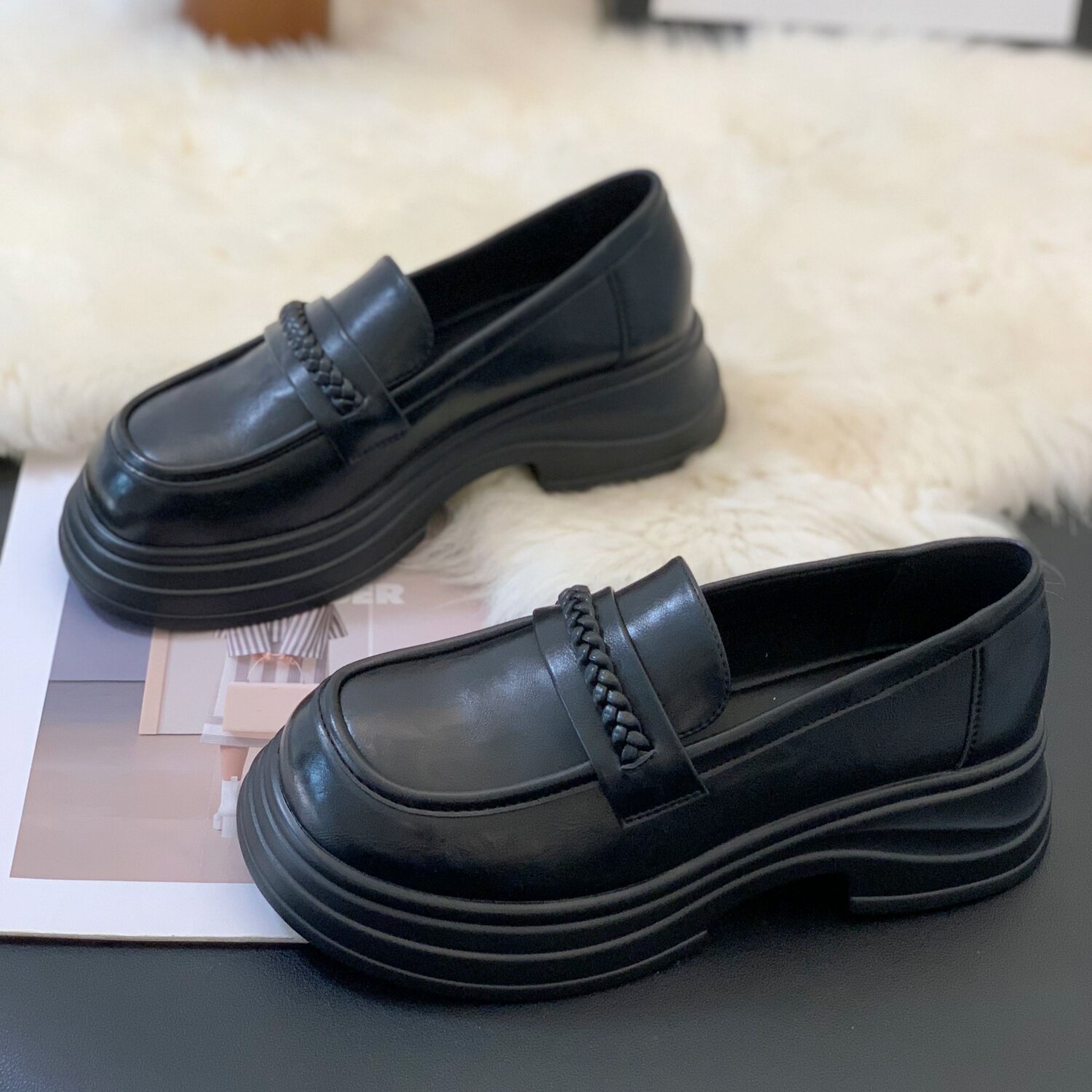 英伦一脚蹬粗跟厚底爆款乐福鞋女