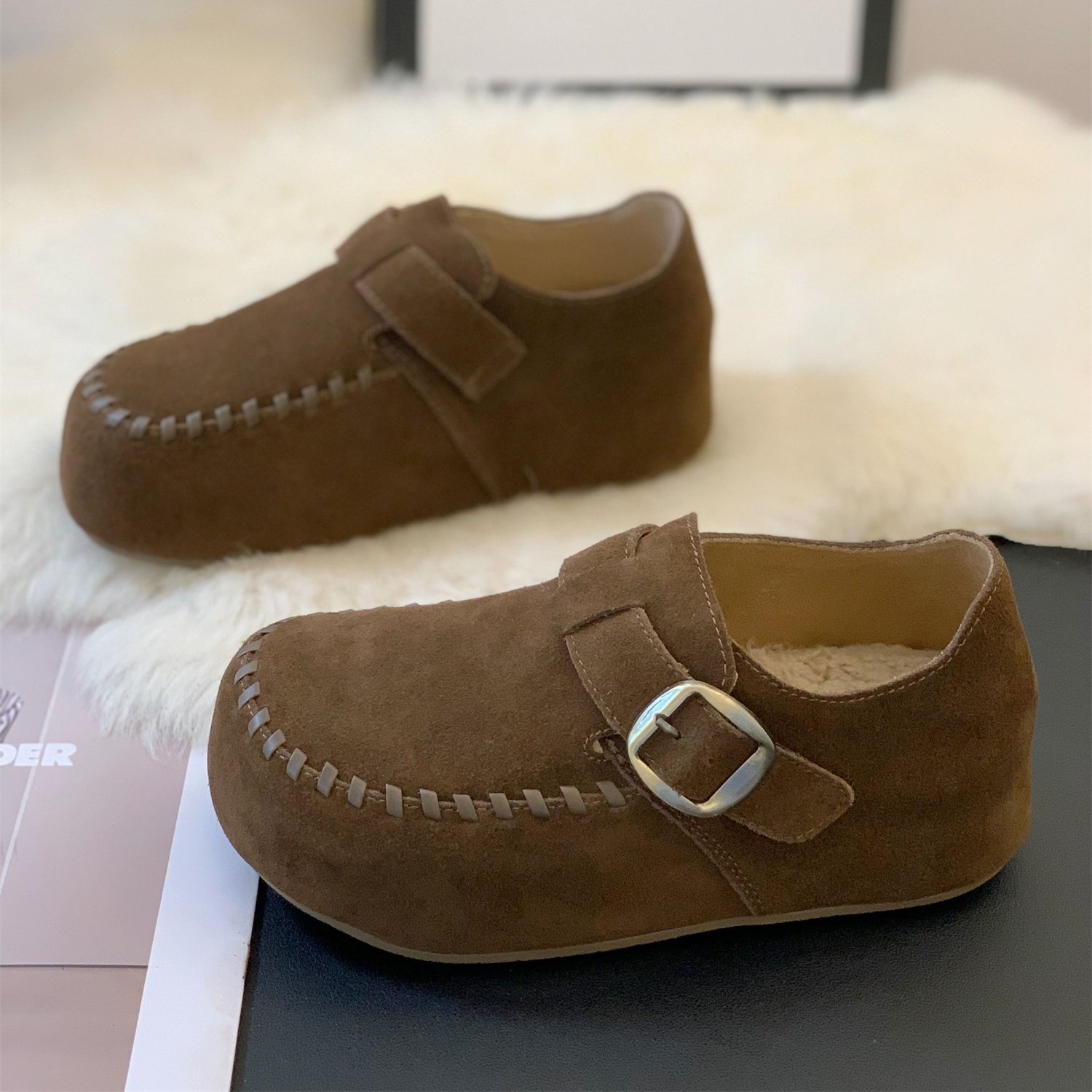 2025秋冬加绒复古磨砂绒面编织内增高勃肯鞋新款百搭小众卡扣单鞋,女鞋,勃肯鞋/软木鞋,淘宝优惠券,粉丝福利购,淘宝优惠卷