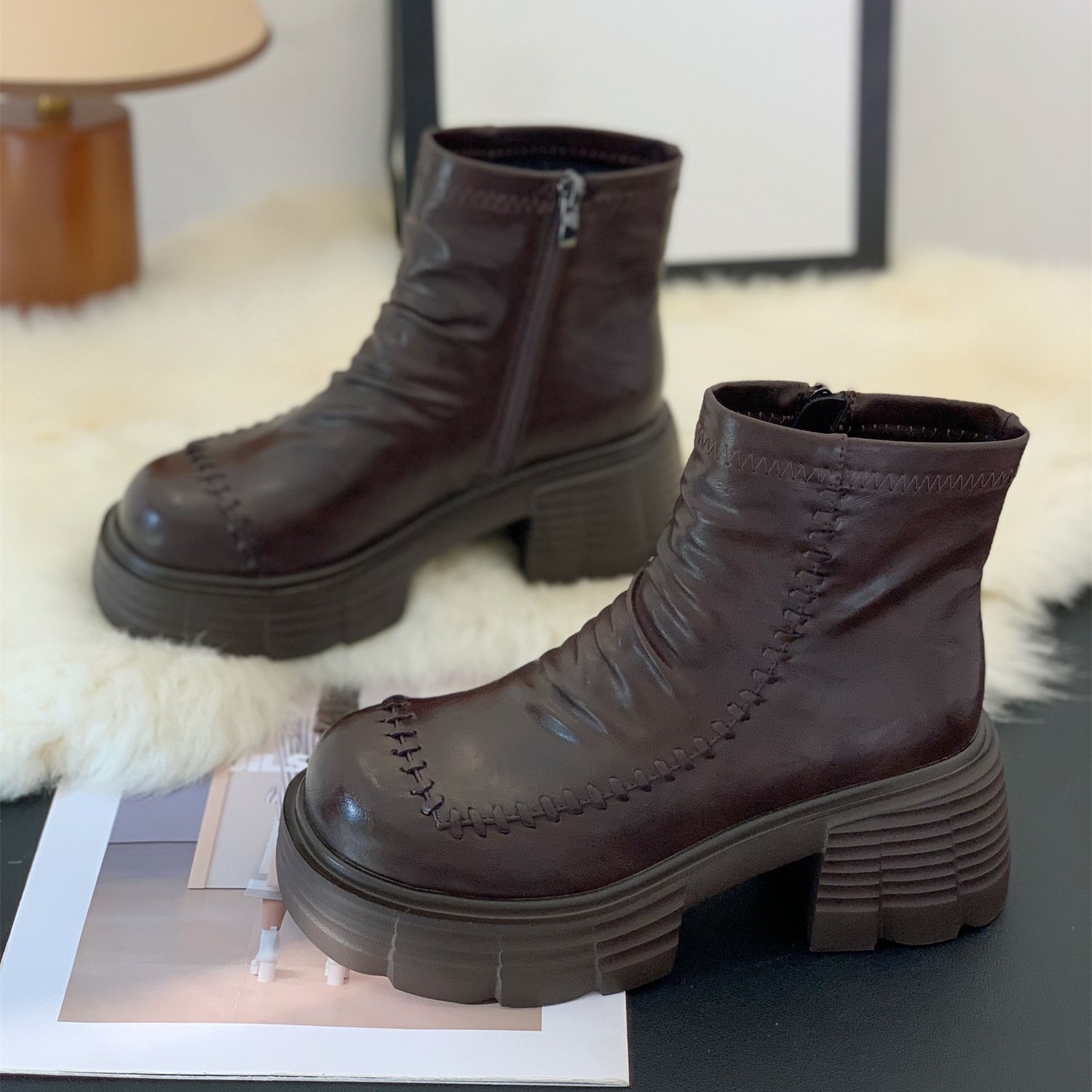 小个子粗跟6cm英伦风加绒短靴