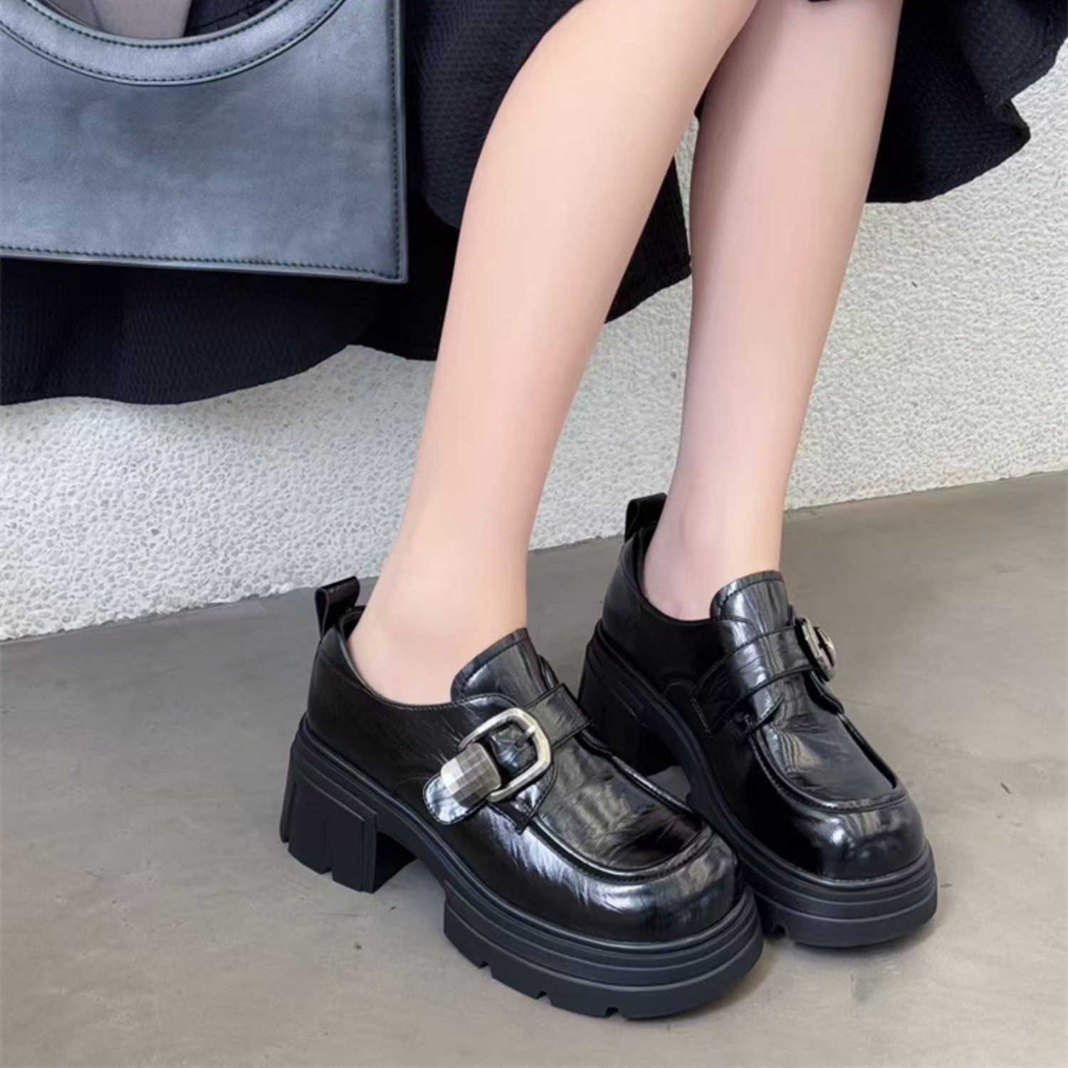 复古厚底粗跟褶皱一脚蹬乐福鞋女