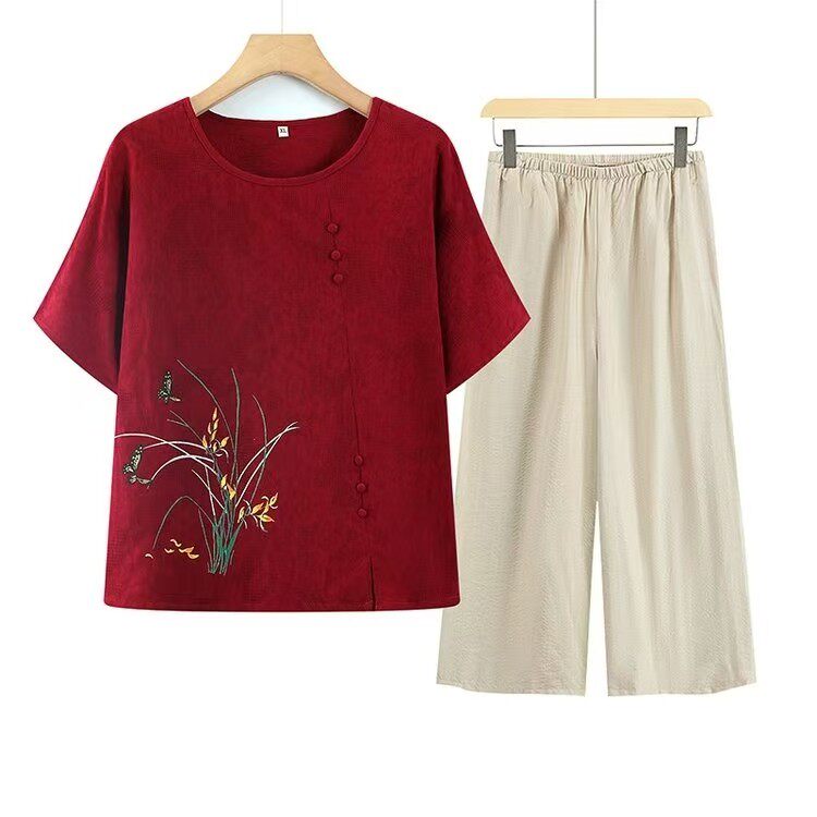 夏季棉麻刺绣中老年女装两件套