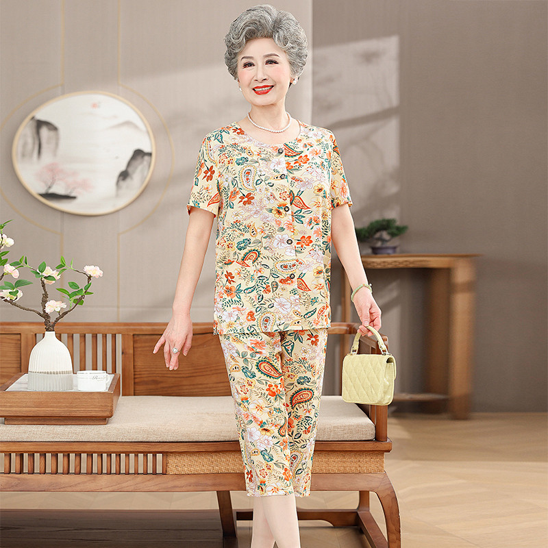 中老年女装夏季薄款印花圆领开衫两件套装妈妈装奶奶居家服宽松型