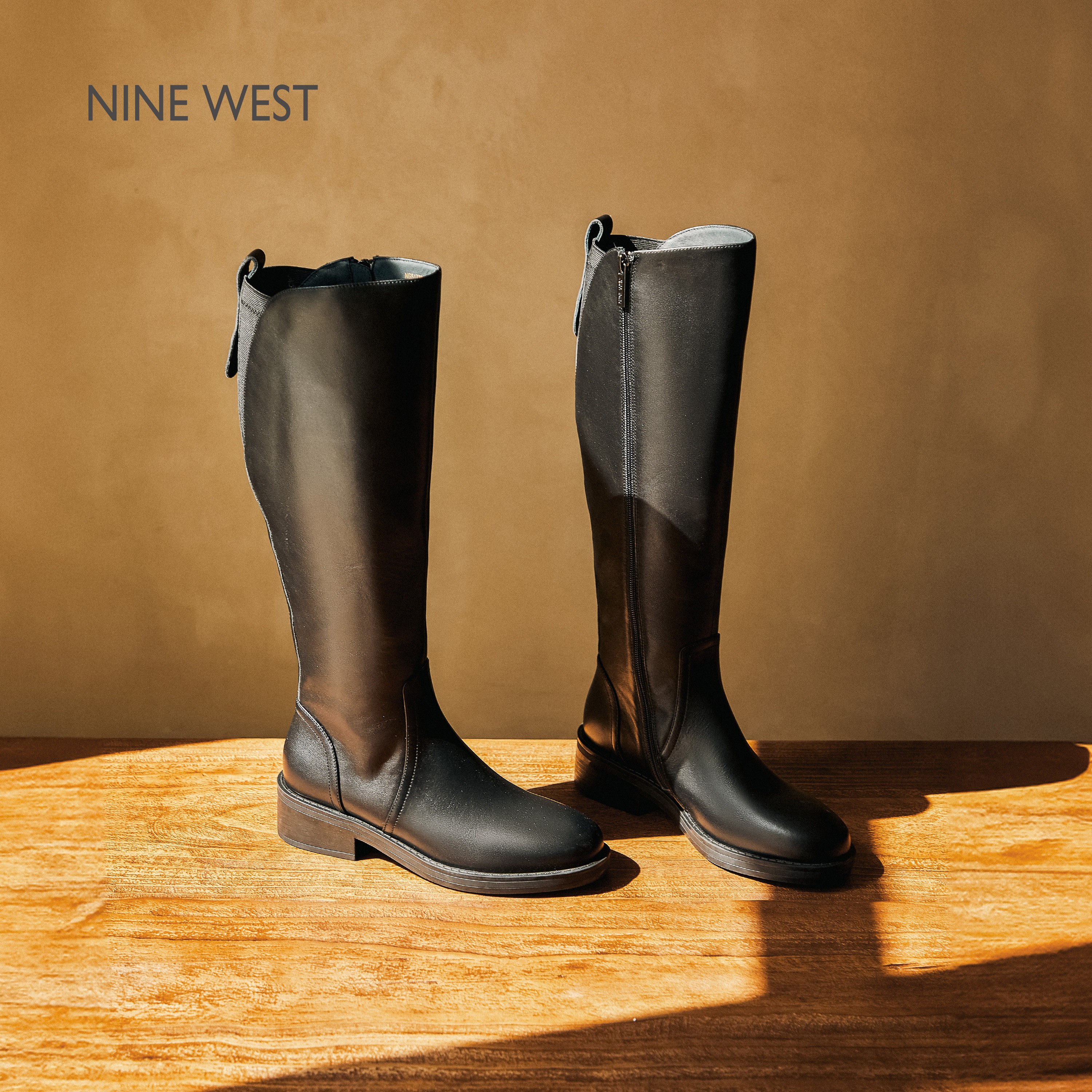 Nine West/玖熙粗跟骑士长靴女侧拉链显腿长日常通勤气质高筒靴子