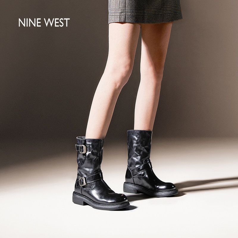Nine West/玖熙骑士短靴女秋冬美式工装真皮西部靴厚底显高时装靴