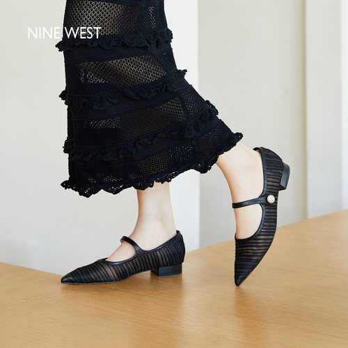 Nine West/玖熙浅口单鞋女夏季新款网纱透气玛丽珍一字带凉鞋